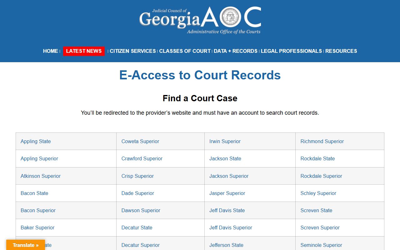 Georgia Courts e-access page with court record provider links