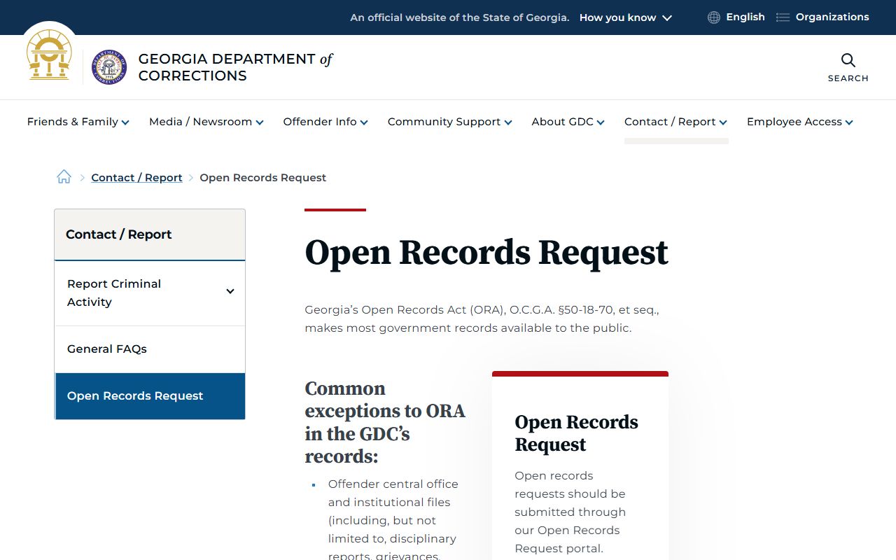 GDC open-records request page with Georgia Open Records Act guidance