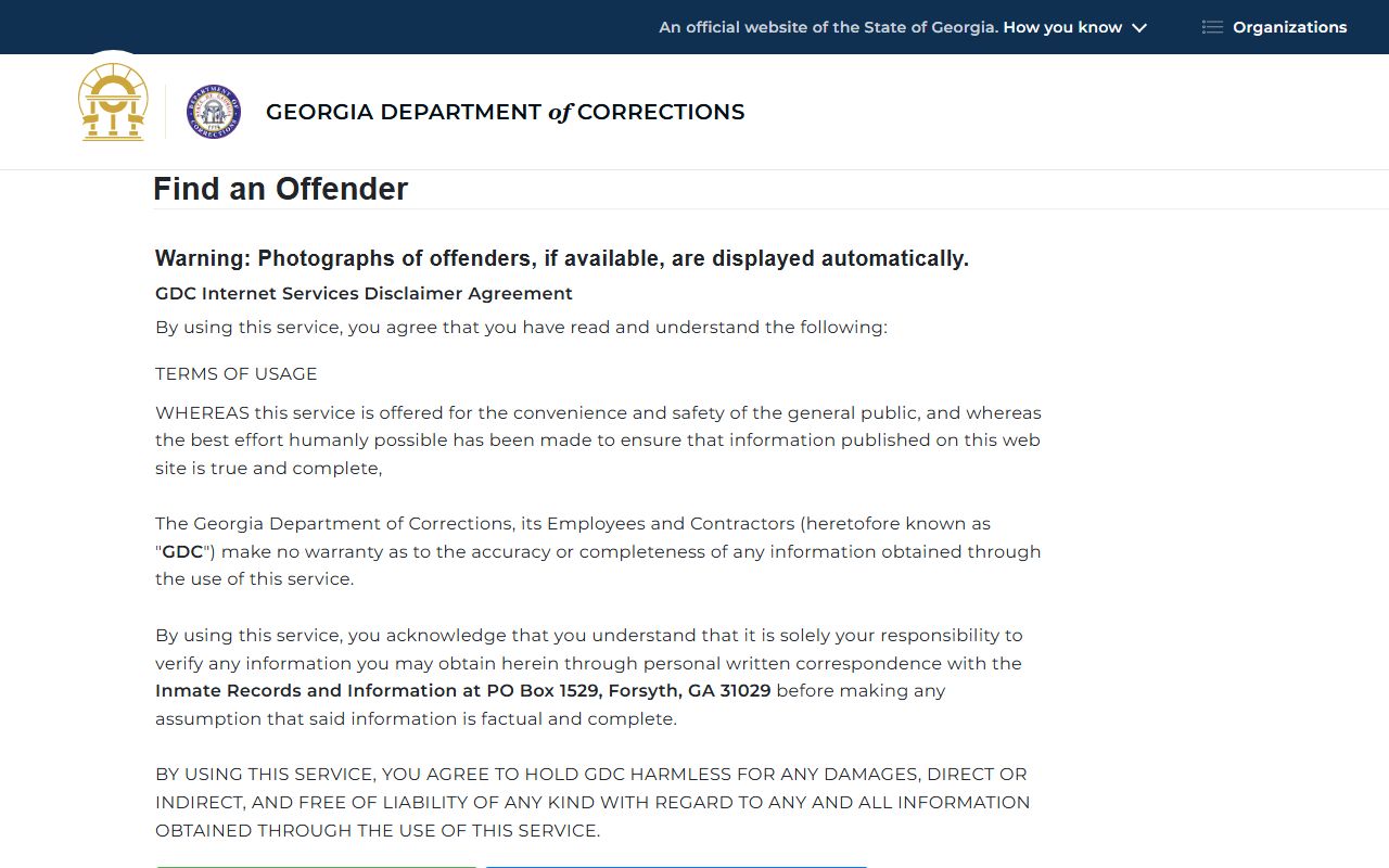 GDC offender query form and disclaimer for Georgia offender searches