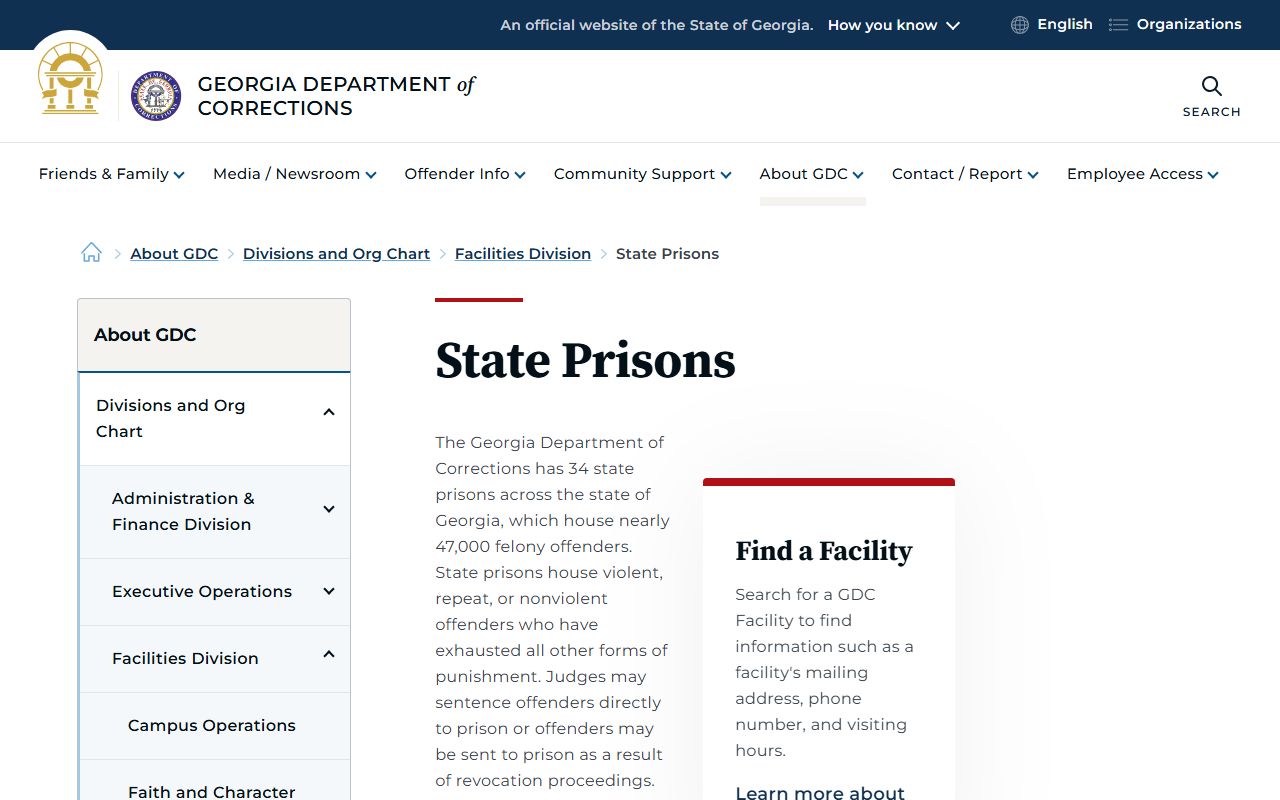 GDC state prisons overview page with classification and security-level information