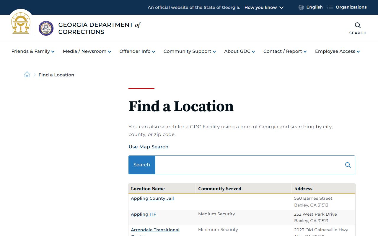 GDC locations directory for Georgia correctional facilities
