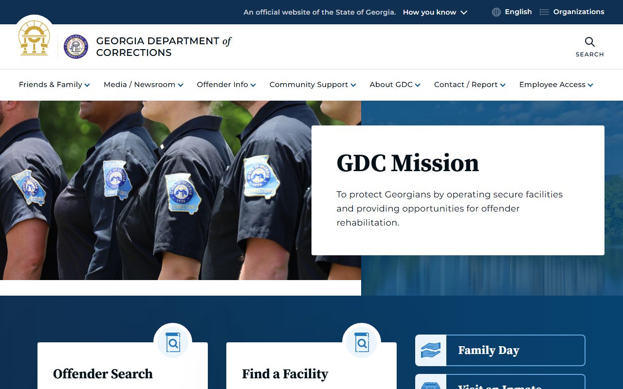 Georgia Department of Corrections home page with offender search and facility search options