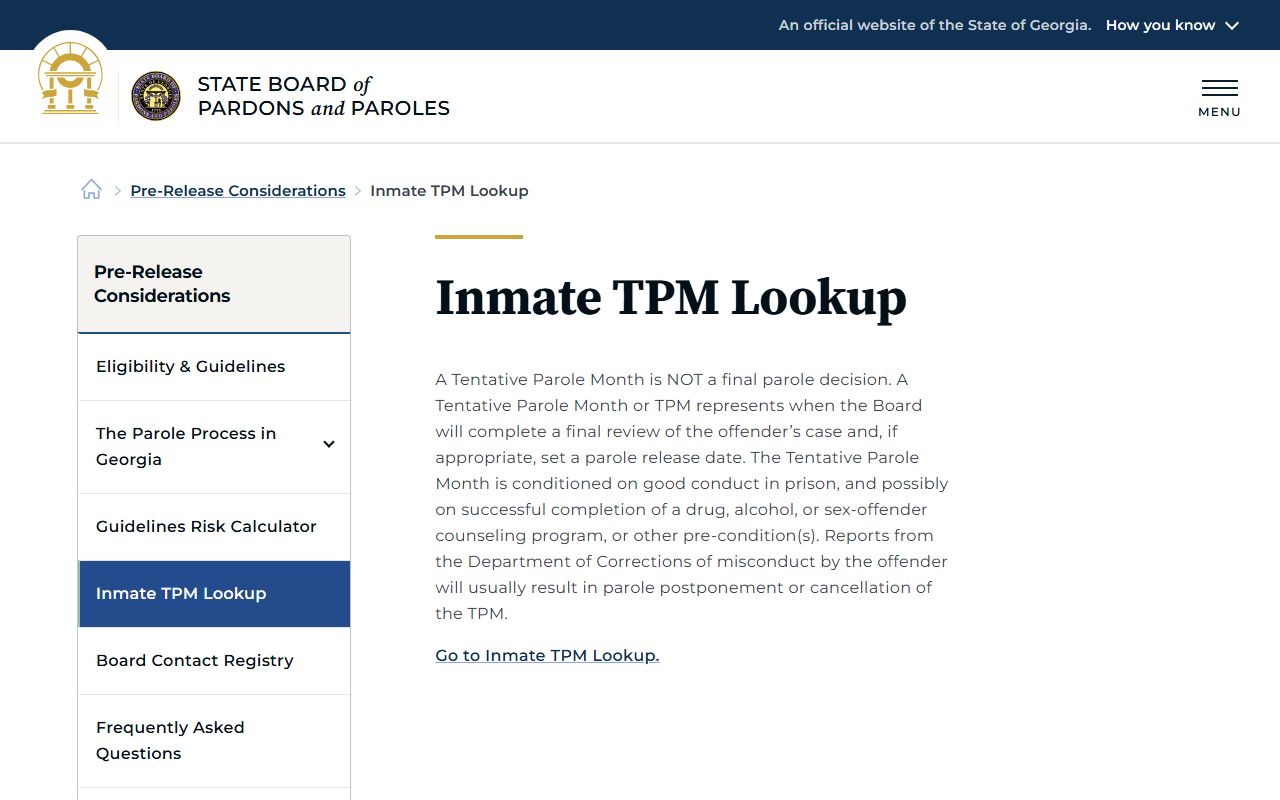 Georgia State Board of Pardons and Paroles tentative parole month lookup page